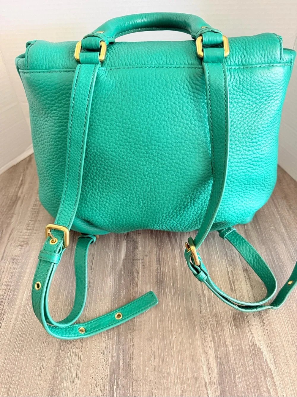 Marc Jacobs Green Pebbled Leather Backpack Top Handle Bag with Gold Plate Zip